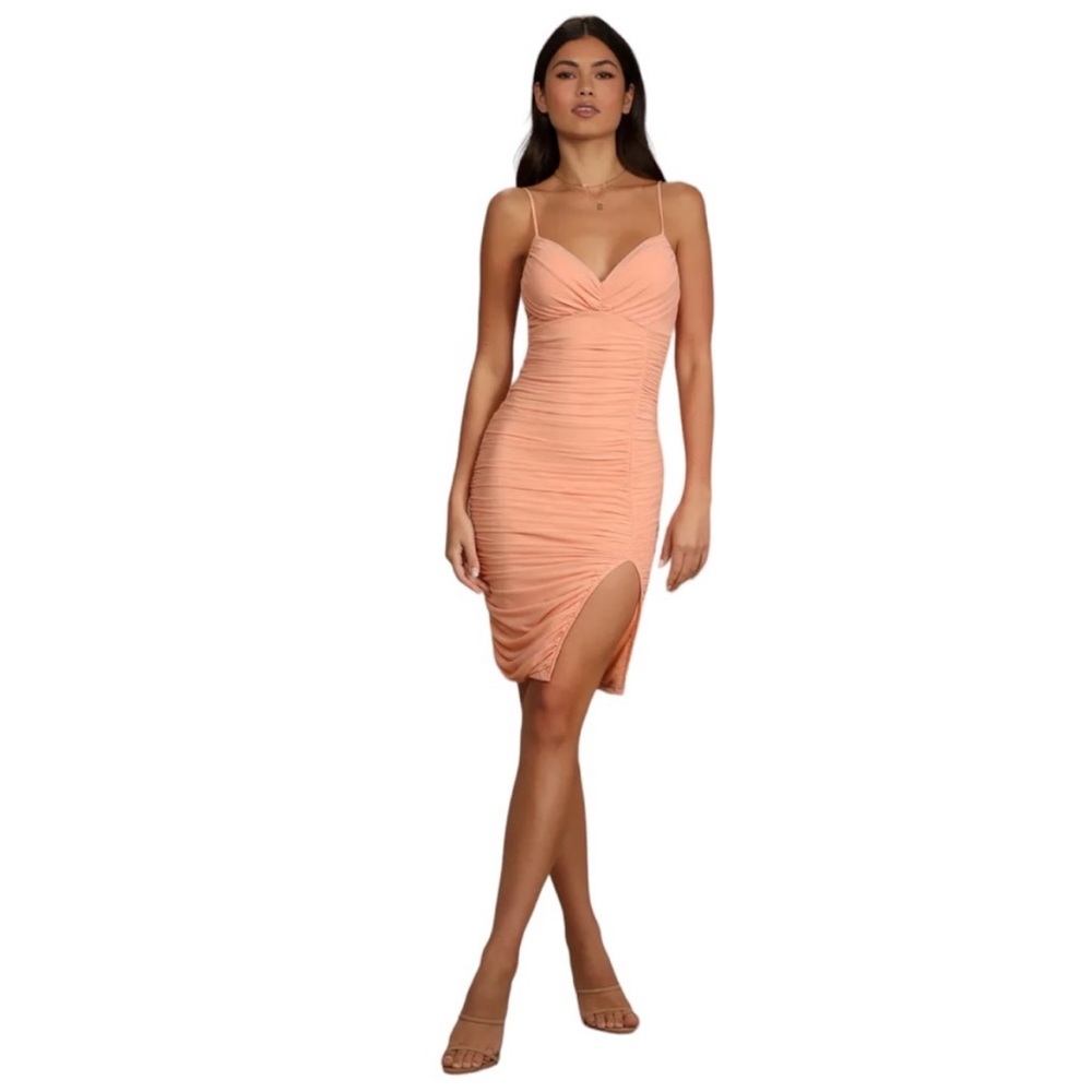 Lulus Got You Staring Peach Ruched Mesh
Bodycon Mini Dress